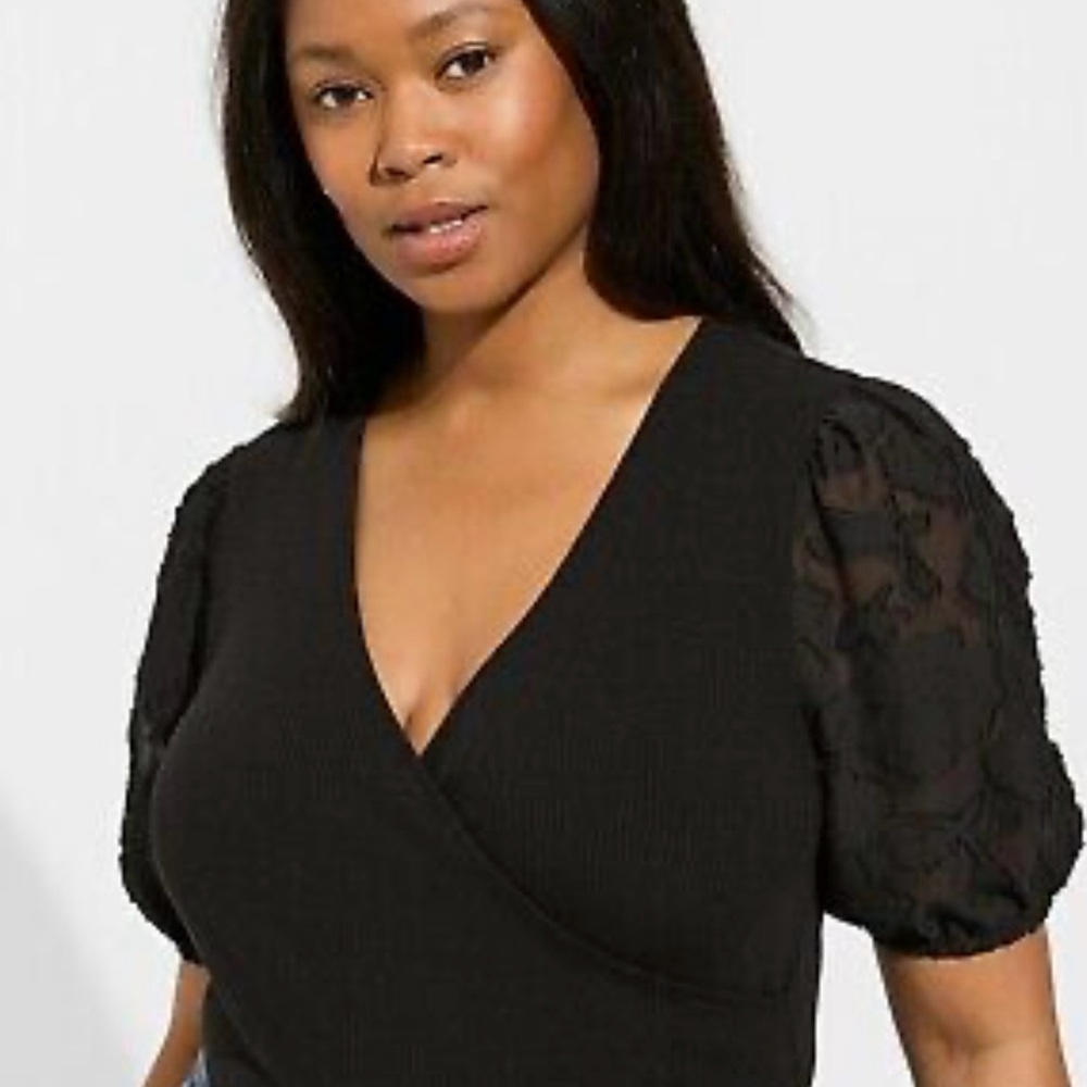 Black Lace Sleeve Top with Wrap Design